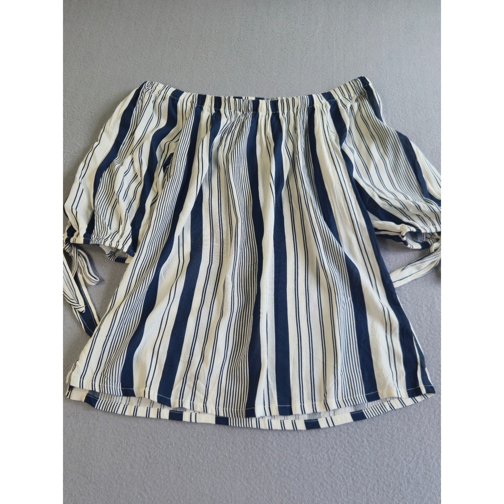 Mileage Off the Shoulder Blouse Womens XL Navy White Striped Tie Sleeve Rayon